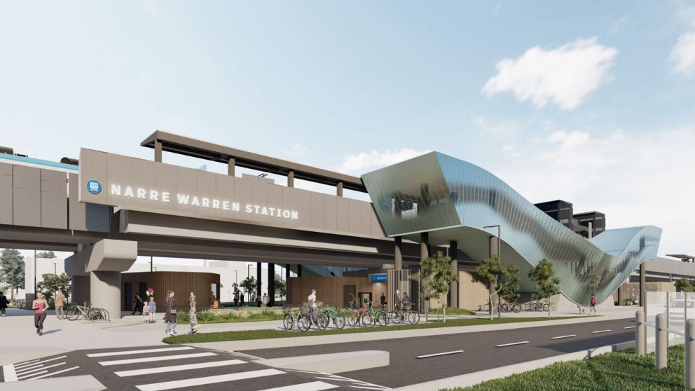 Northeast view of the new elevated Narre Warren Station exterior with bike storage and landscaping.