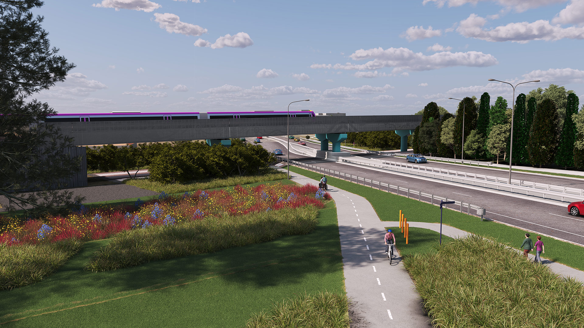  concept of the elevated rail bridge across Surf Coast Highway, view from the shared used path towards Torquay. The right-hand side of the image shows a number of pedestrians using the Shared User Path along Surf Coast Highway to walk towards Torquay,  under the elevated rail bridge. The top half of the image shoes a V/Line train using the elevated rail bridge. On the left hand side of the image there are two trees in a green open space.