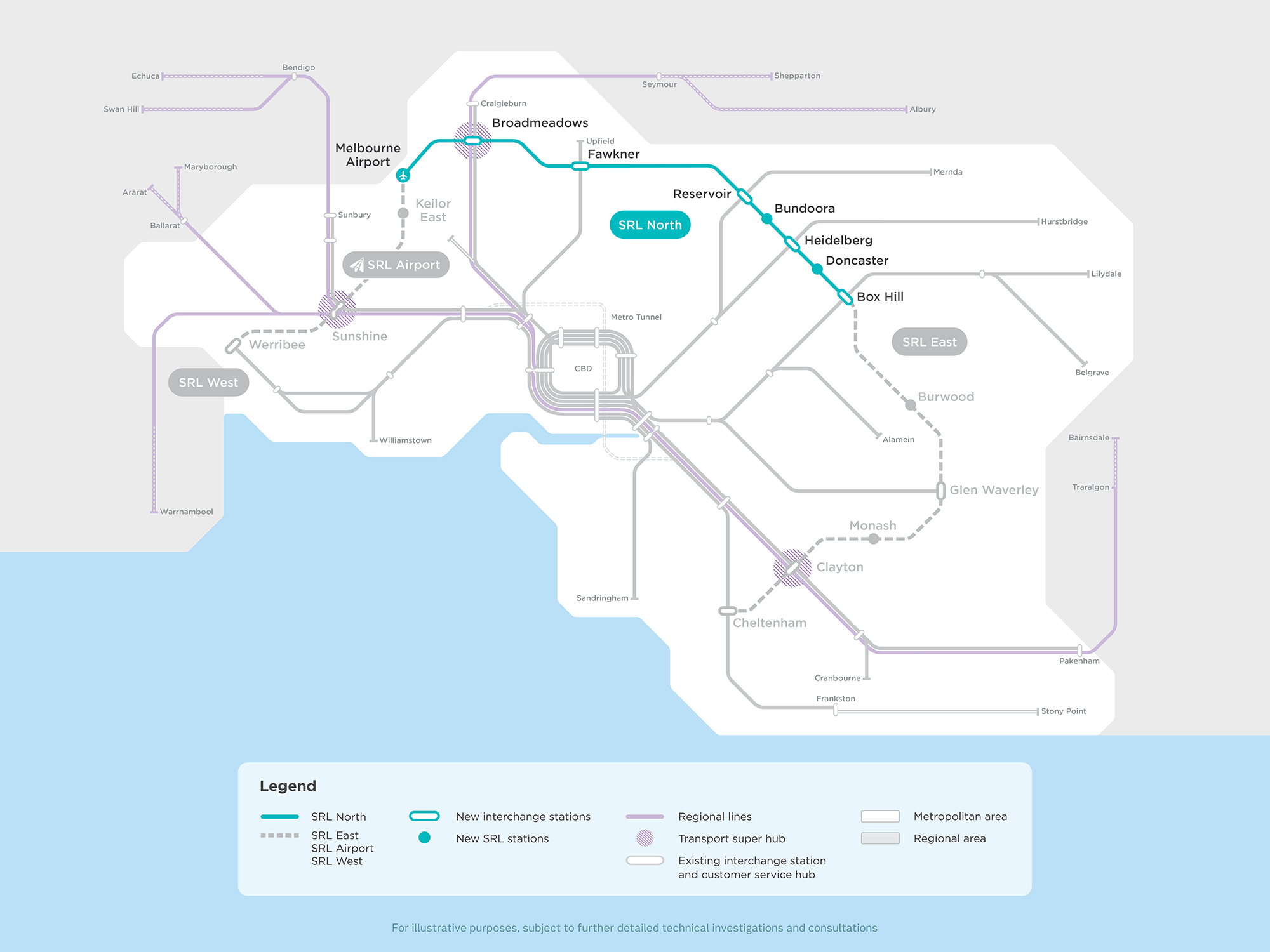 Map: Suburban Rail Loop with SRL North section highlighted - Box Hill to Melbourne Airport