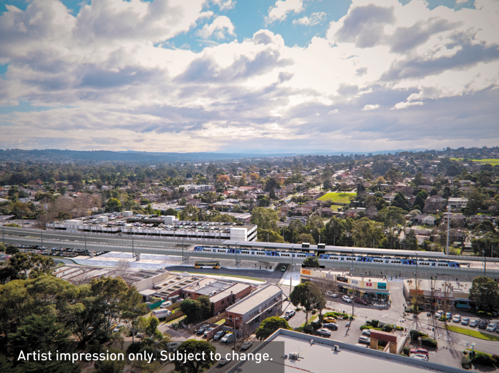 Artist impression of the new rail bridge over Manchester Road in Mooroolbark