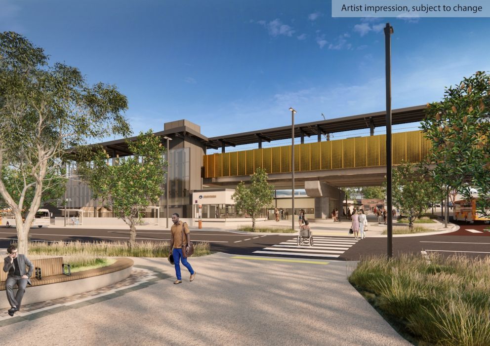 Looking towards the new Croydon Station from the pocket park on Main Street. Trees and plants depicted at 3-5 years from planting. Artist impression only. Subject to change.