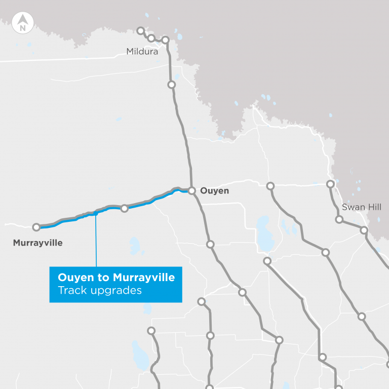 Map of northern Victoria with the rail line between Ouyen and Murrayville highlighted where the track upgrades have been undertaken. 