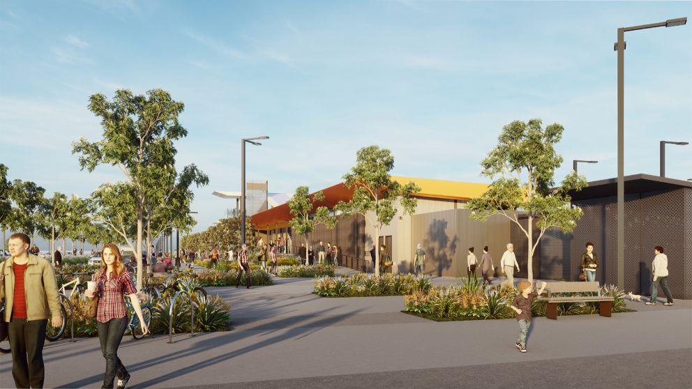 Render of final landscaping plans in the Marshall Station forecourt. 