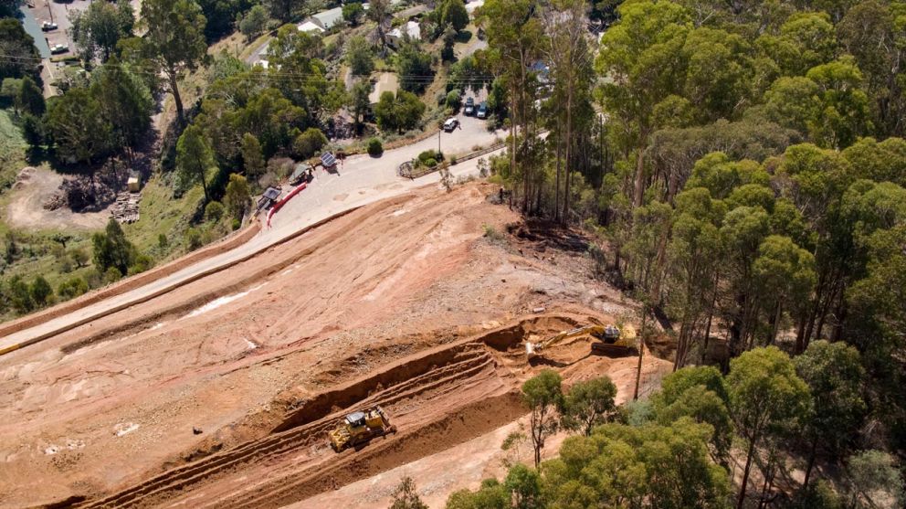 Drone image from above the landslip with D8 bulldozer and excavator 24 March