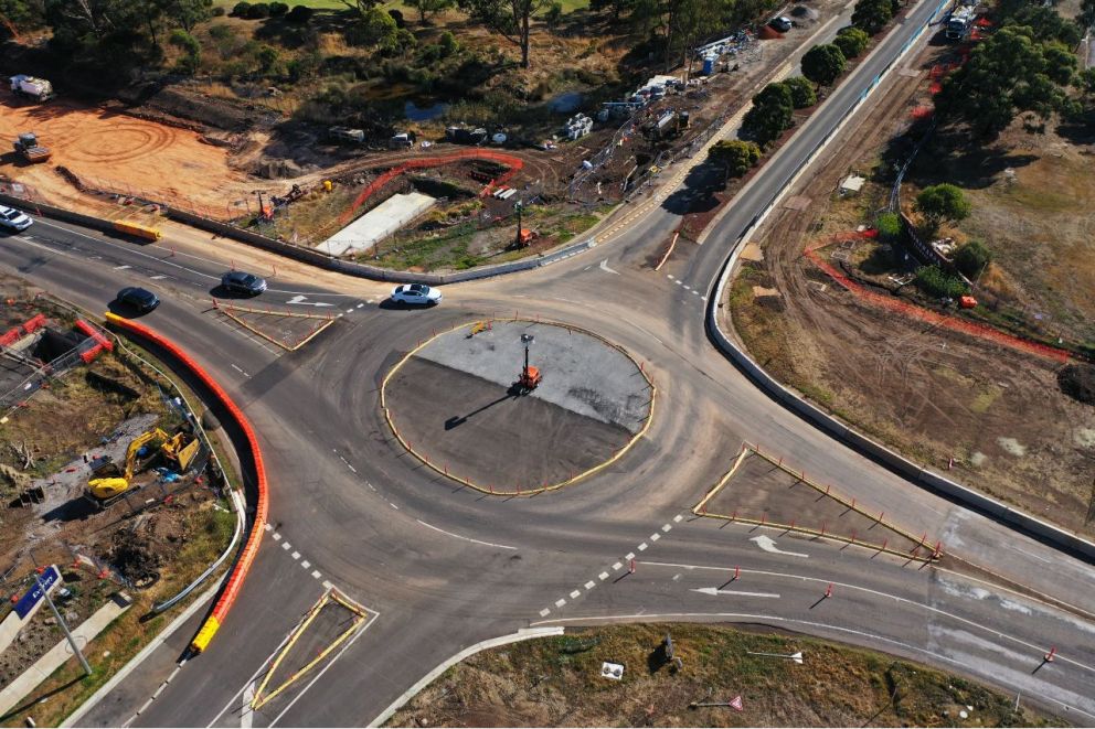 Francis Blvd intersection with temporary roundabout April 2023