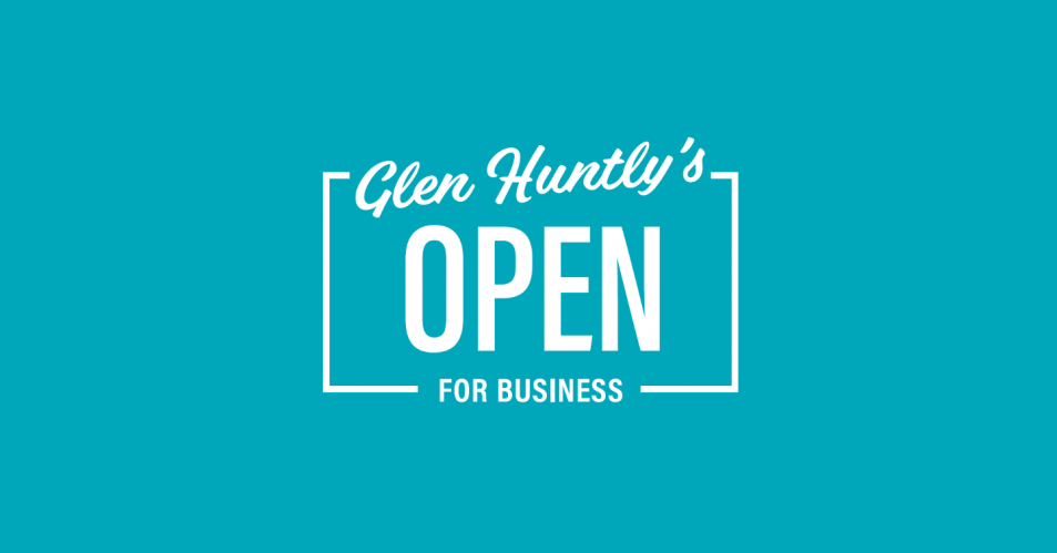 Blue square with white writing that says Glen Huntly's open for business