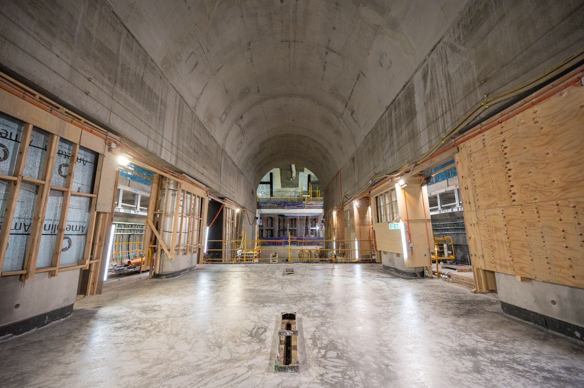 The arched, concrete ceiling of the undeground Town Hall Station