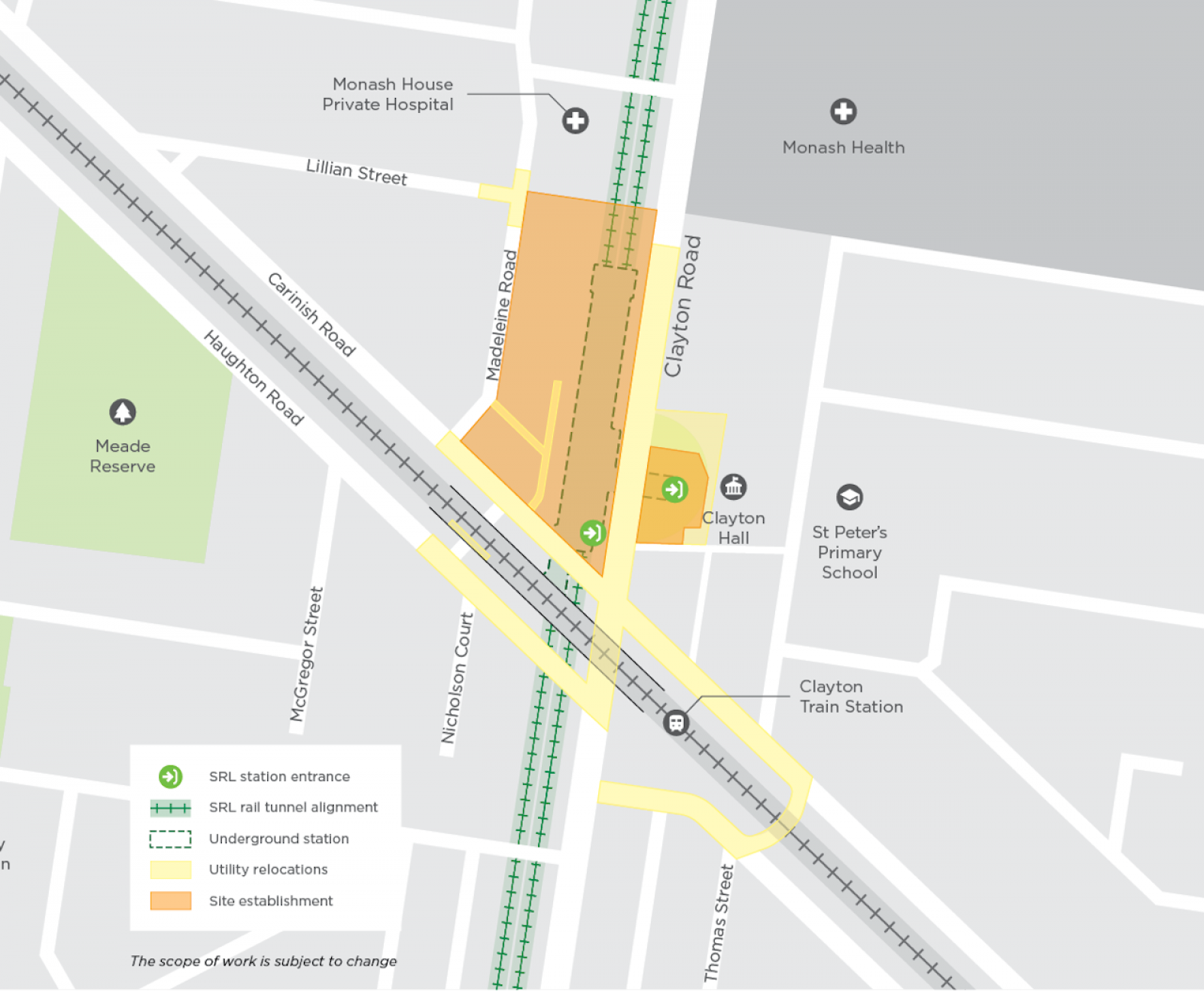 Map of initial and early works in Clayton