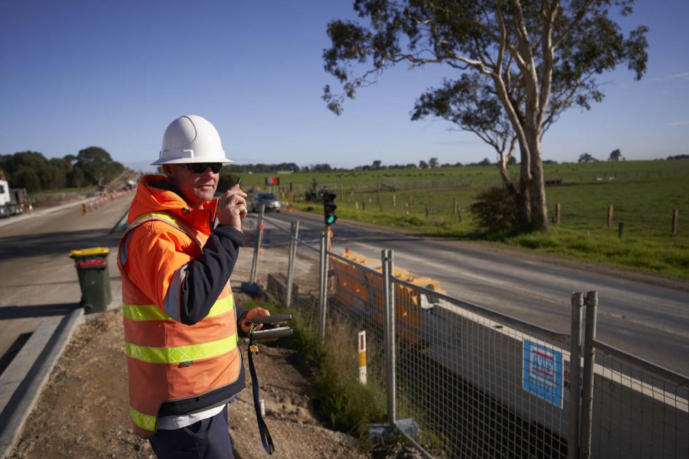 One of our star traffic controllers ensuring the safe passage of vehicles near a worksite on Hall Road.