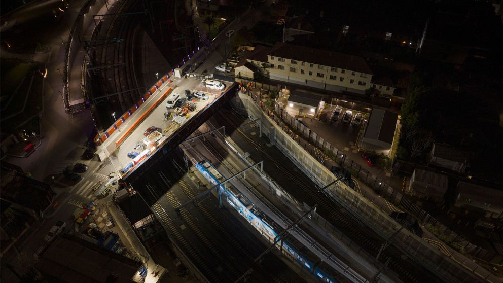 Test train entering tunnel at South Yarra eastern portal from a birds eye view perspective