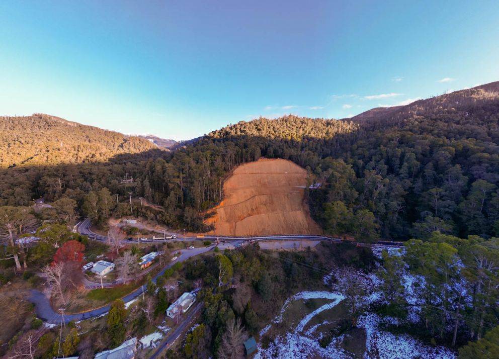 Snow blankets parts of Bogong Village and the landslip