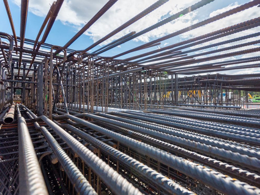 Rows of steel rods used for reinforcement cages for the tunnel walls.