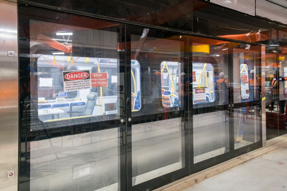 A side view of the installed platform screen doors in the Metro Tunnel.
