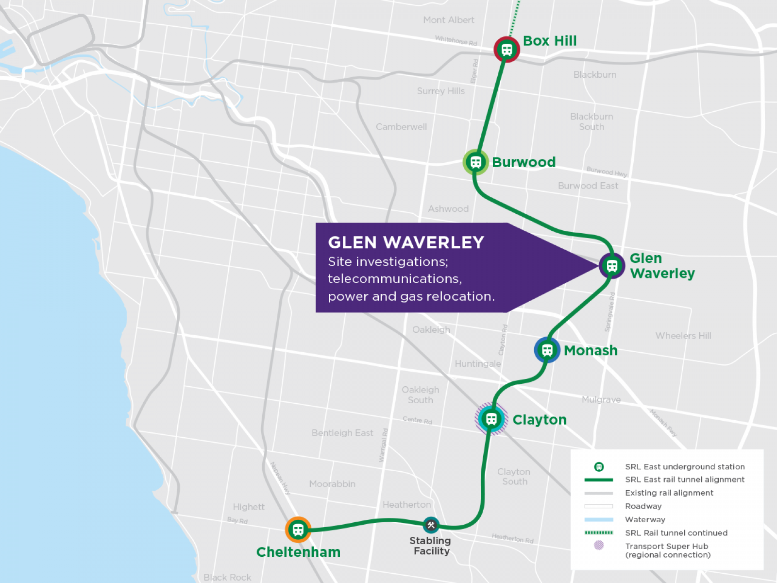 Image shows map outlining the eastern suburban rail loop highlighting Glen Waverley.