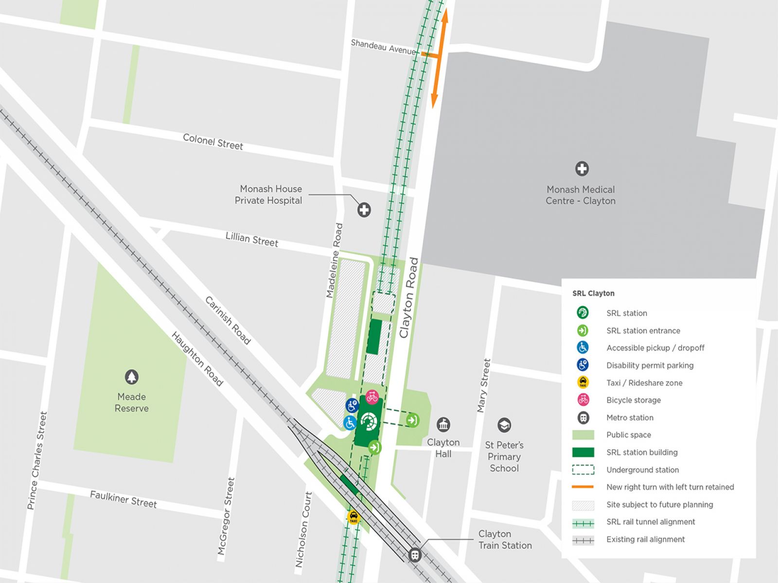 Map of future SRL East station in Clayton. The station is to the west of Clayton Road and north of the existing rail viaduct. Carinish Road southeast bound terminates to the west of the new station. In its place is a new public realm facilitating safe pedestrian and cyclist access to the south. The Shandeau Avenue intersection with Clayton Road has a new right turn onto Clayton Road with left turn retained.