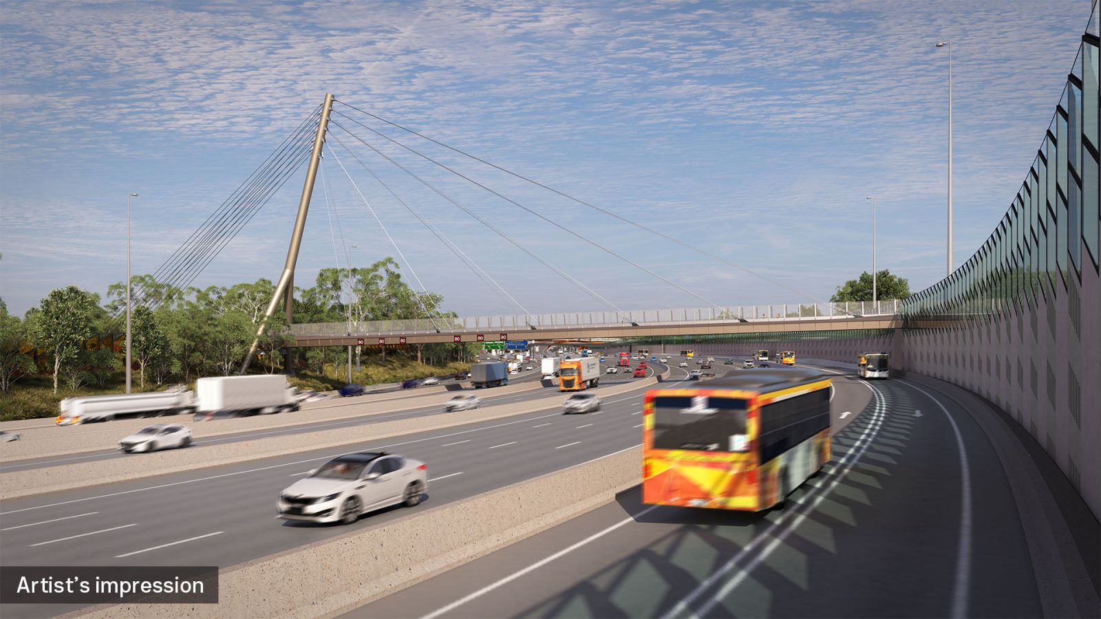 Artist impression of new busway on the Eastern Freeway and Estelle Street walking and cycling bridge in Bulleen.