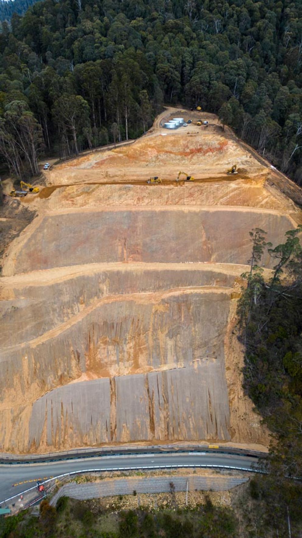 Aerial of the Bogong landslip from the front showing benches