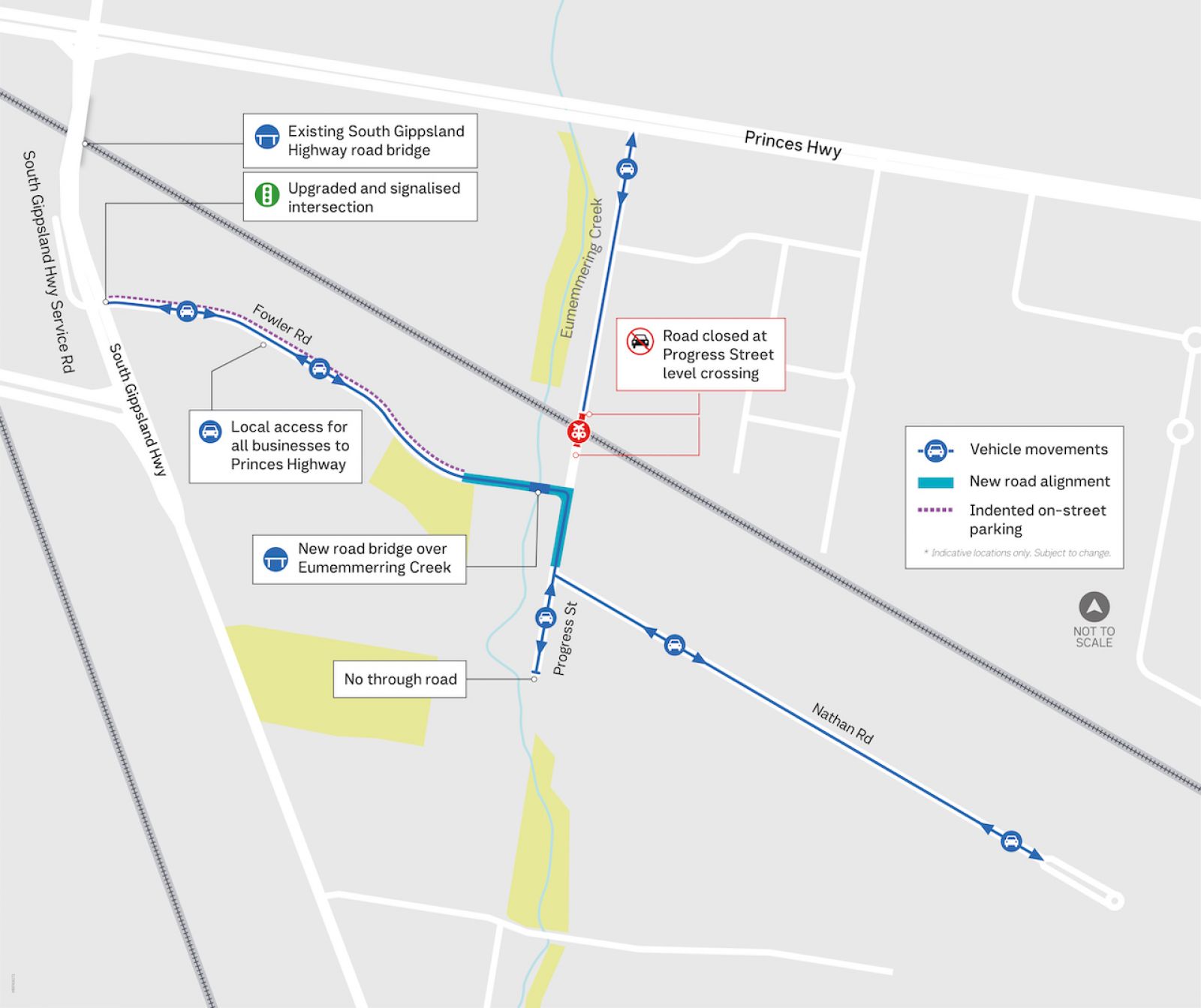 Map of changes at Progress Street, including new road alignment to connect to Fowler Road.