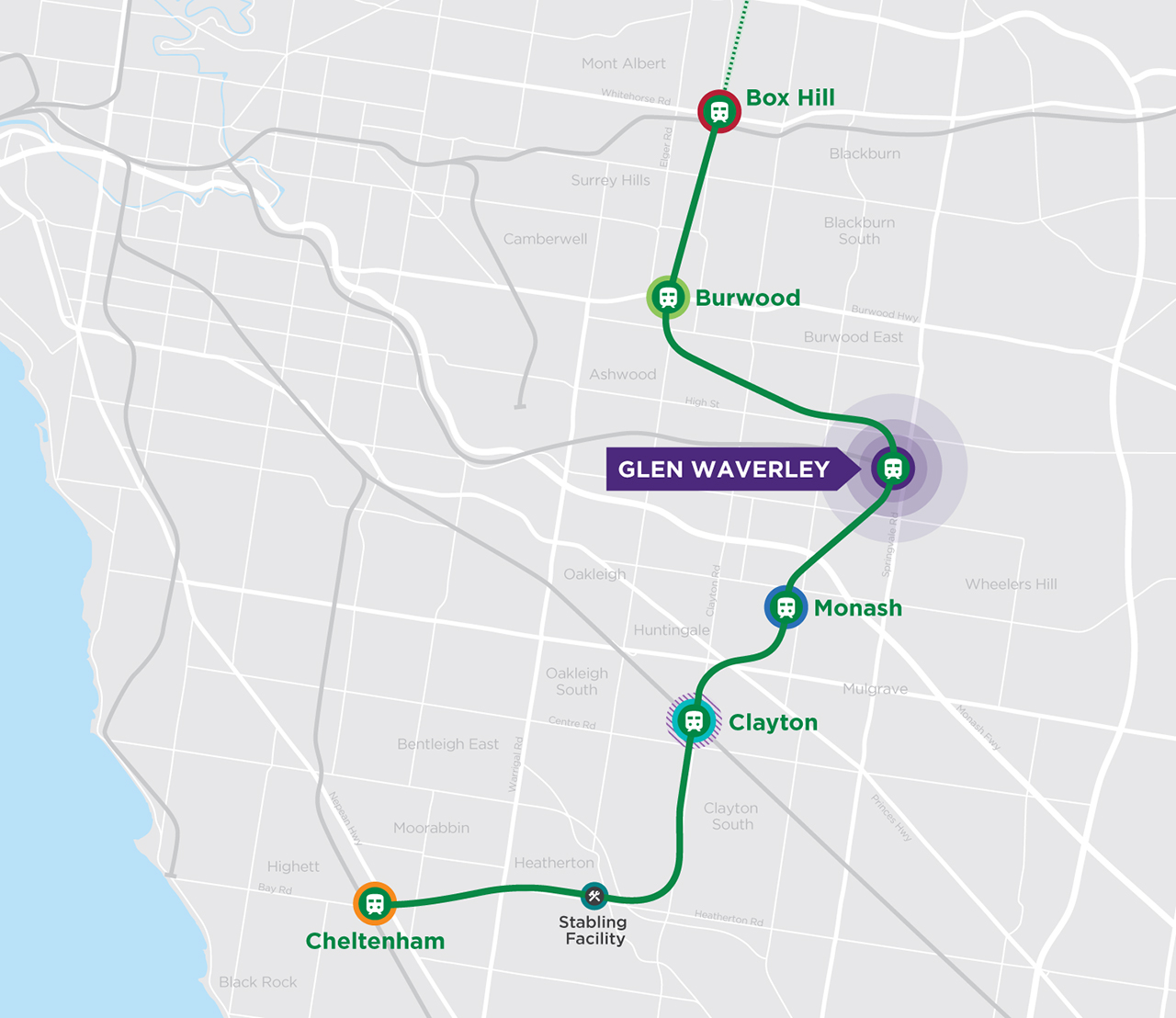 Map showcasing SRL East rail alignment highlighting the Glen Waverley precinct.