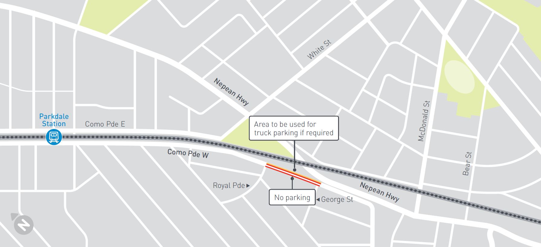 Map showing parking closure on Como Parade West between Royal Parade and George Street.