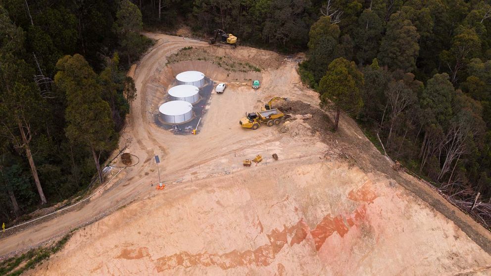 Tanks placed at the top of the landslip provide temporary water to Bogong Village