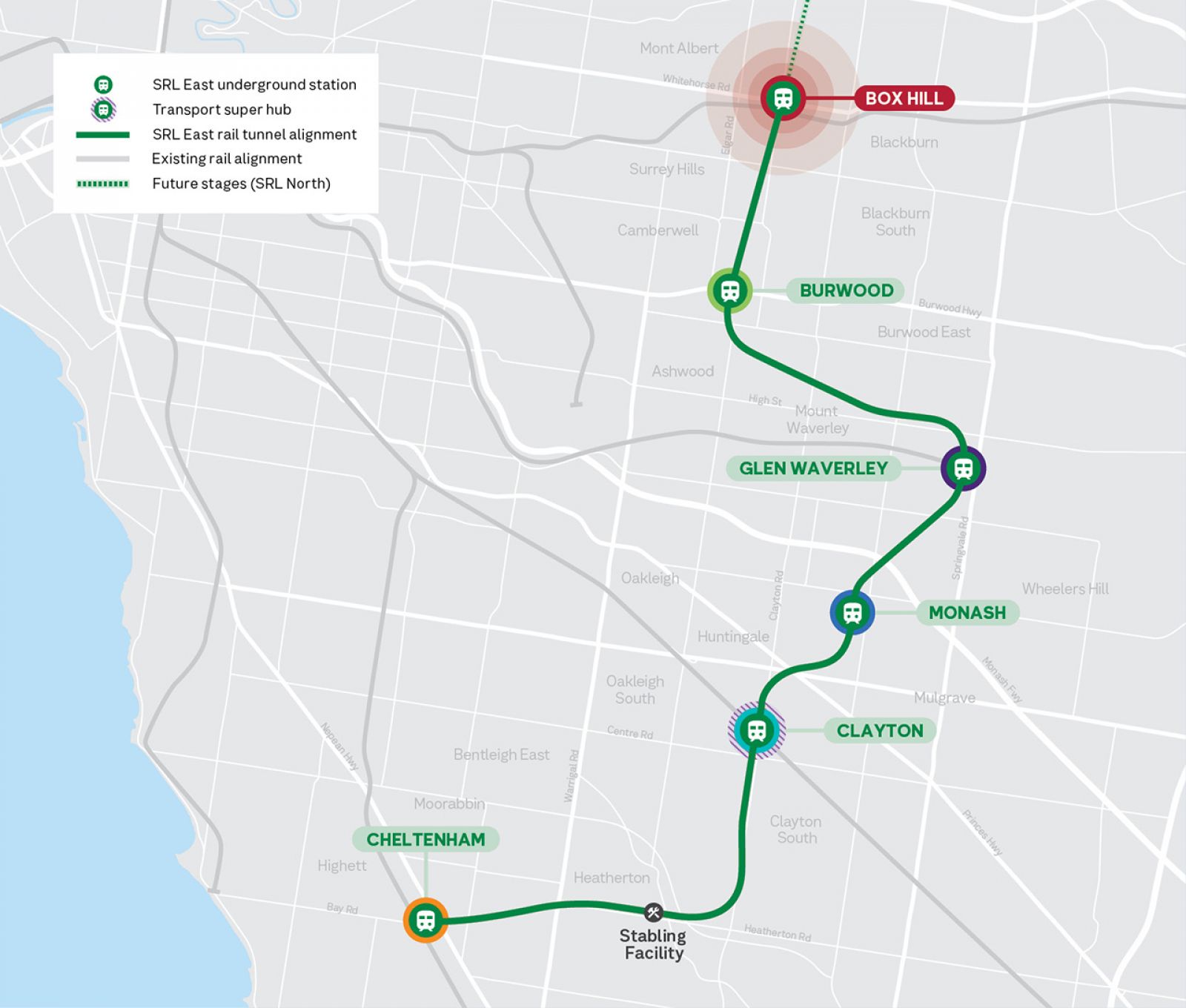 SRL east rail alignment highlighting Box Hill.