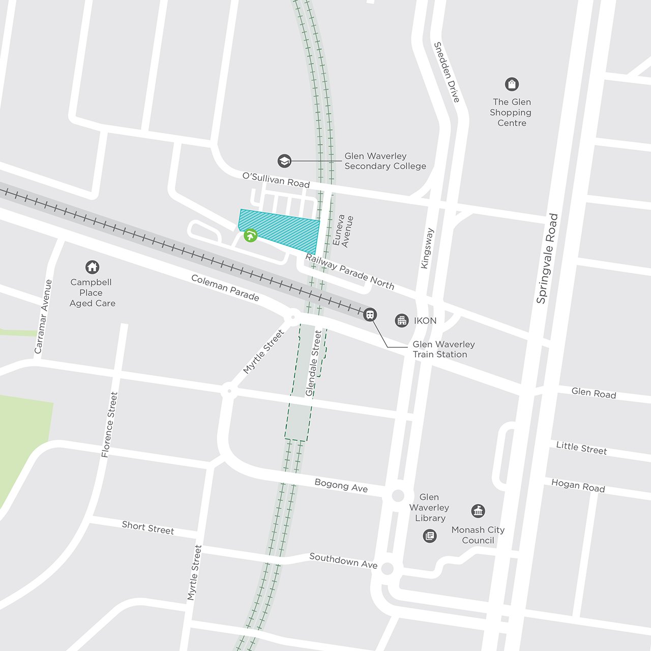 Location of the new Glen Waverley car park at the corner of Railway Parade North and Euneva Avenue. Car park entrance and exit on Railway Parade North.