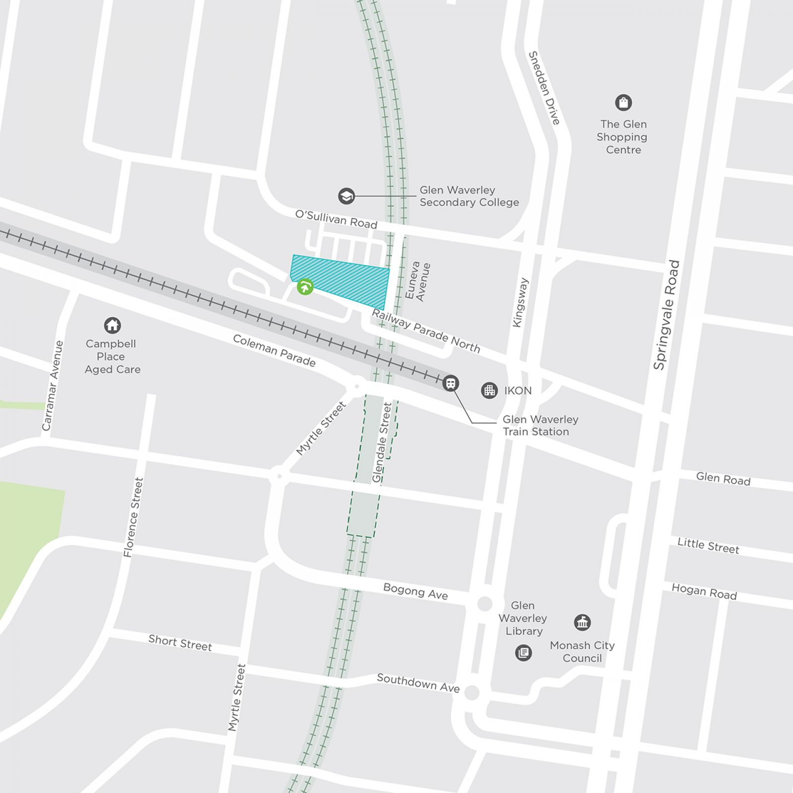 Location of the new Glen Waverley car park at the corner of Railway Parade North and Euneva Avenue. Car park entrance and exit on Railway Parade North.