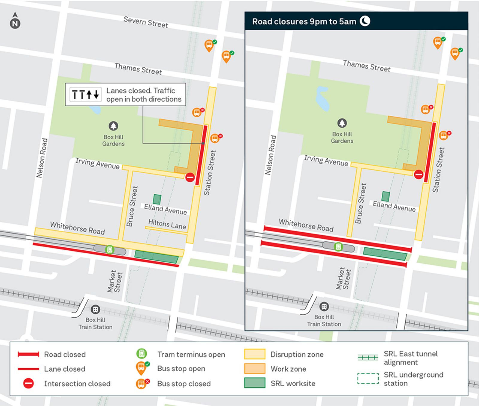 This map outlines traffic and pedestrian changes in Box Hill on Whitehorse Road, between Nelson Road and Station Street, as well as on Station Street between Thames Street and Whitehorse Road.