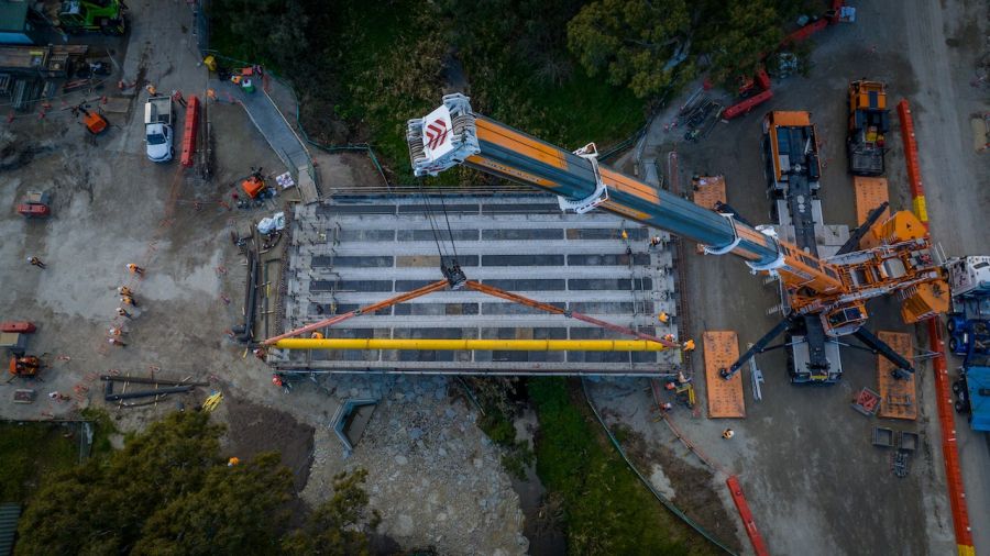 Aerial view of Progress Street bridge beam installation
