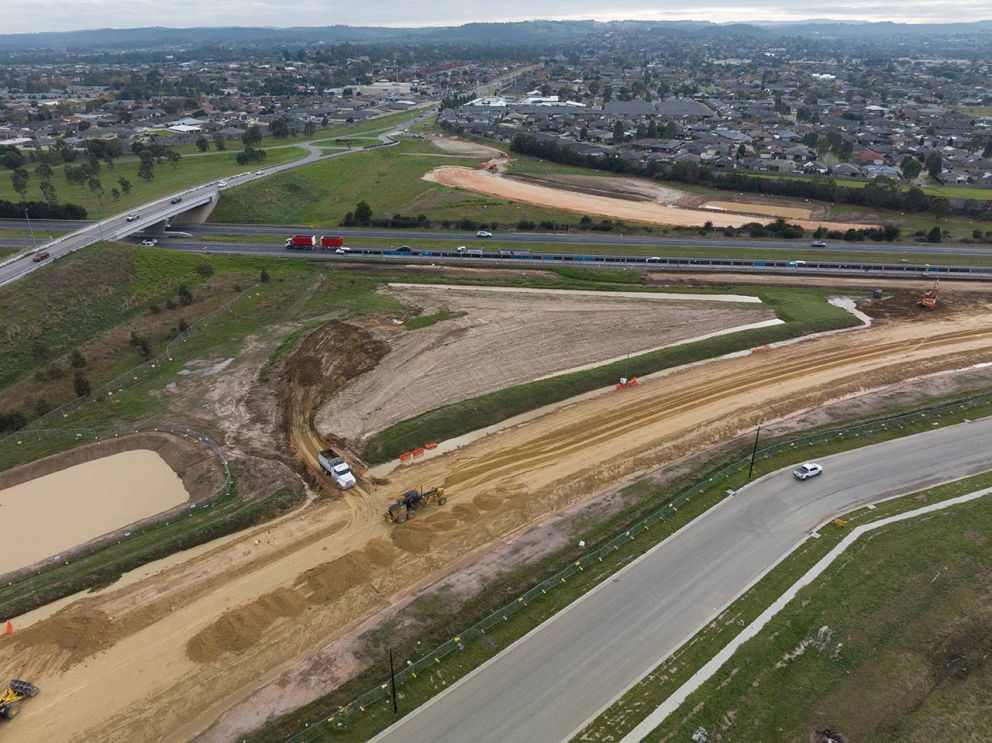 May 2023- Aerial view of the new freeway ramps being built at McGregor Road