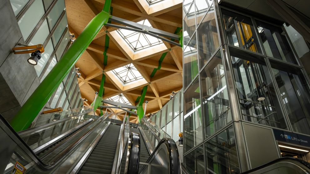 Escalators from the surface to the concourse level of Anzac Station