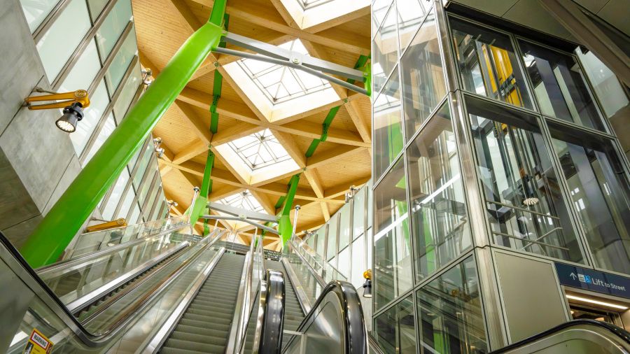 Escalators from the surface to the concourse level of Anzac Station