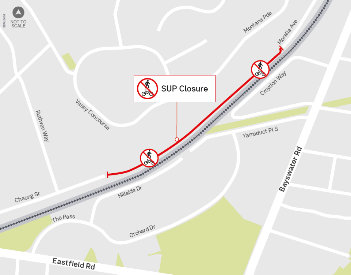 Map showing shared use path closure between Cheong Street and Moralla Avenue.