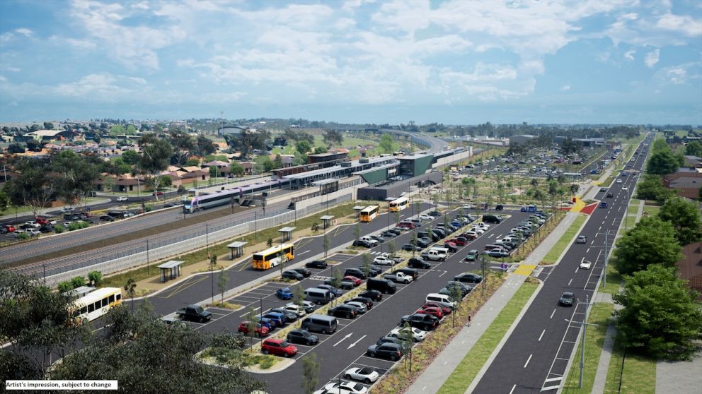 Northern car park at the new Melton Station, looking west. Artist impression only, subject to change