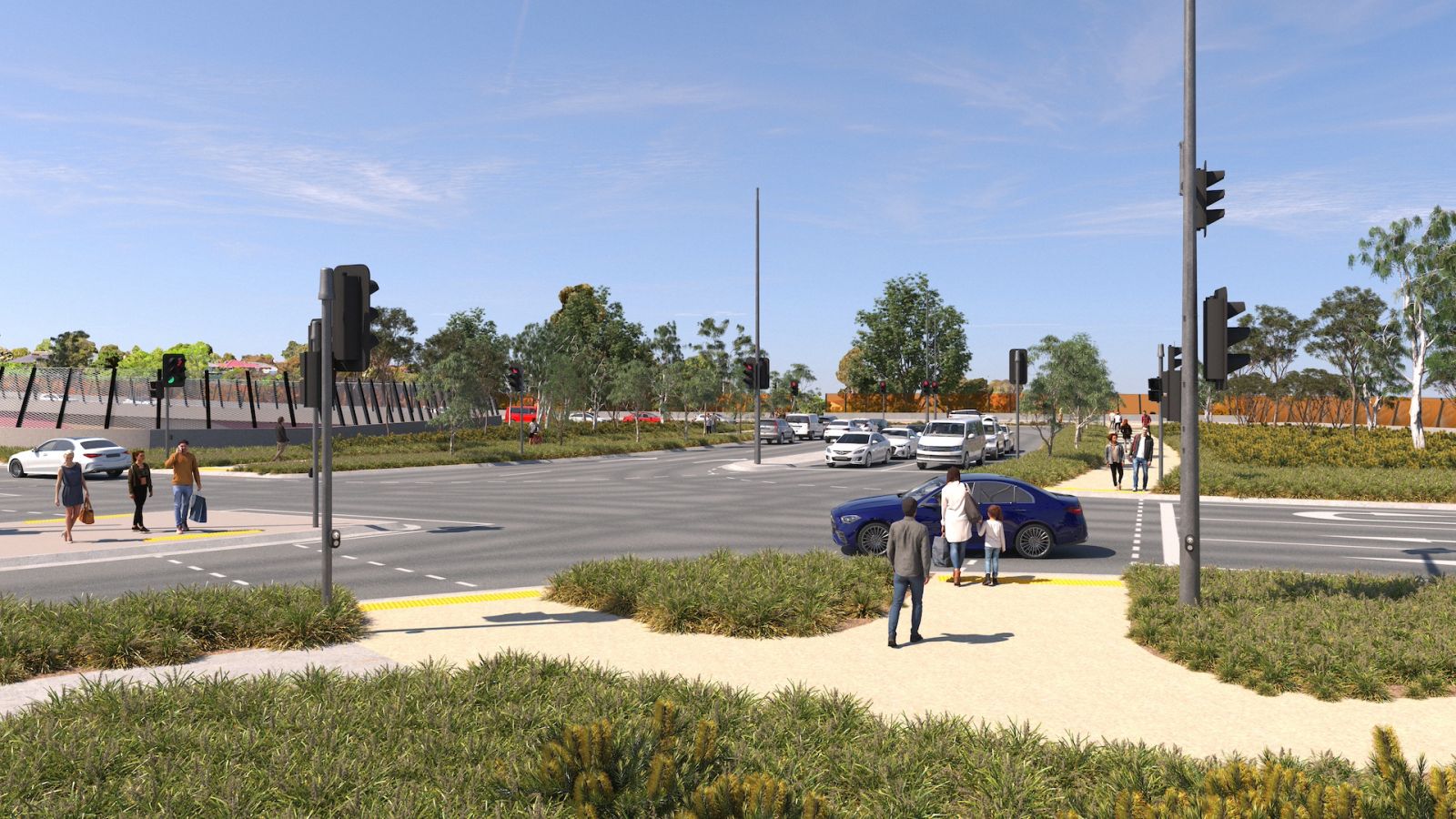 Artist’s impression of Watsonia Road bridge with additional walking and cycle paths, trees and plants