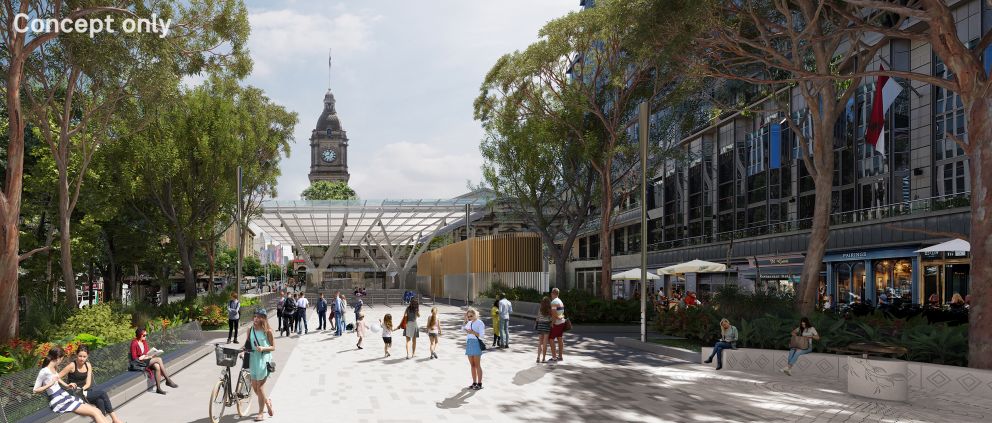 Render of Town Hall Station entrance from City Square.