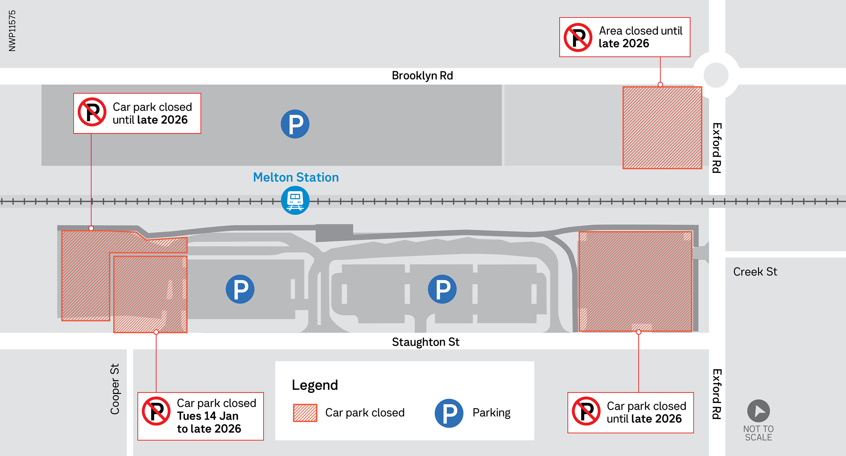 Map showing locations of car park closures at Melton Station