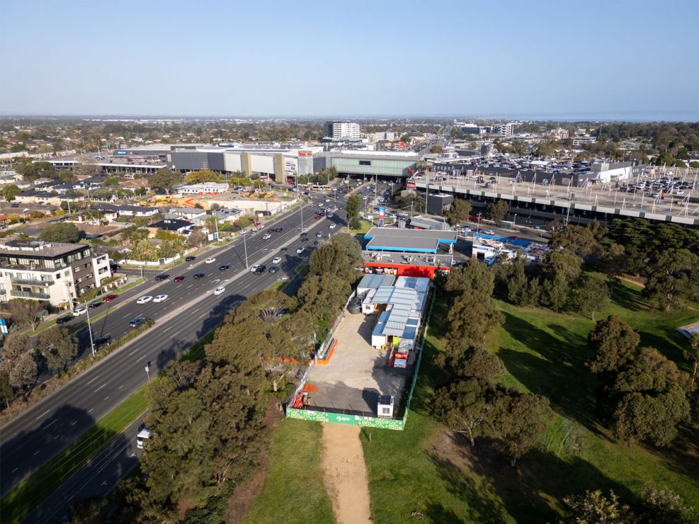 Ariel view of the Cheltenham works site during the day.