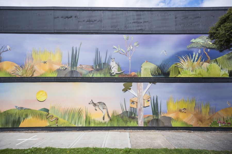 Art work showing local flora and fauna including 18 different species of local animals. The artwork depicts a story from morning to night including images of frogs, flying foxes, powerful owls, and wombats and other wildlife. 