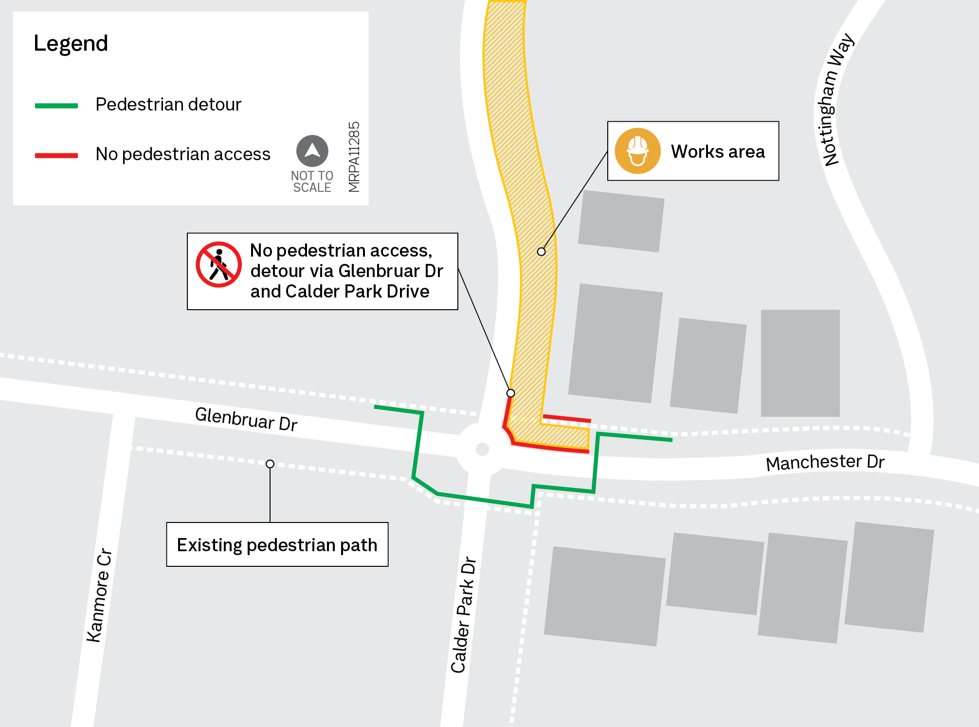 Pedestrian detour map showing the disruptions and alternate route detailed above.