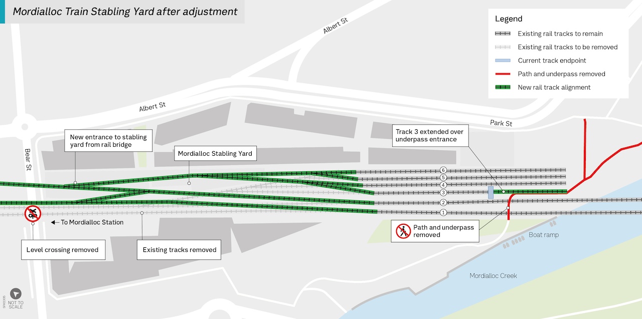 Map showing adjustment to the Mordialloc Stabling Yard, with a new entrance to the stabling yard from the bridge, removal of old tracks and track 3 extended over the underpass entrance 