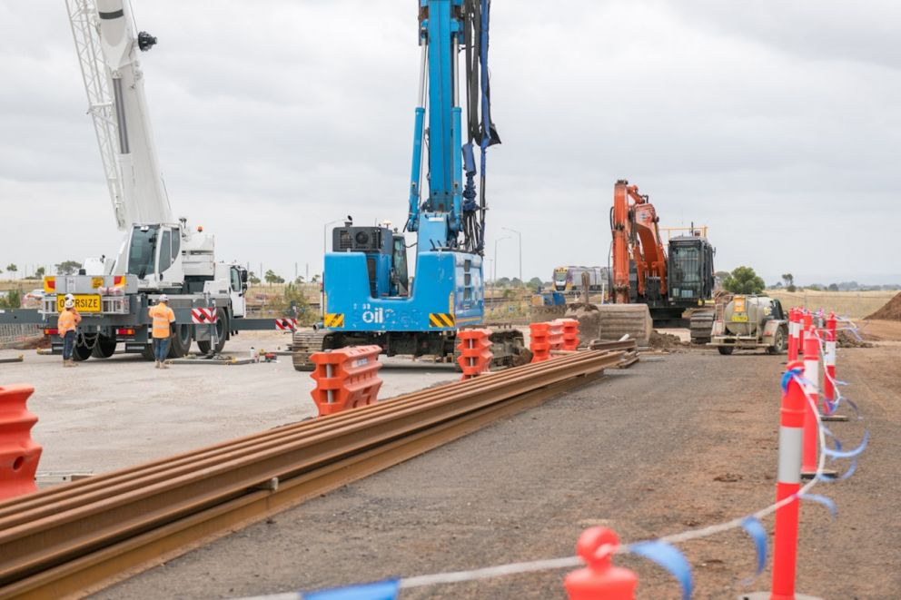 The project team prepping the piling rig, which will bore holes up to 8.4m deep