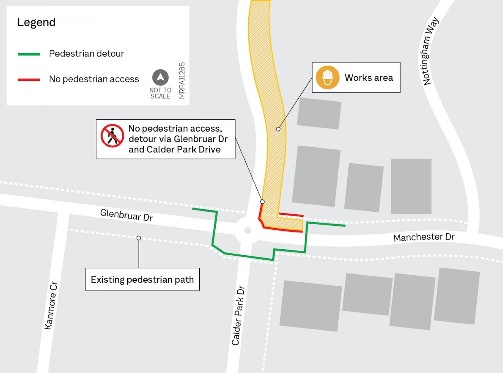 Map showing pedestrian detour via corner of Calder Park Drive and Manchester Drive 