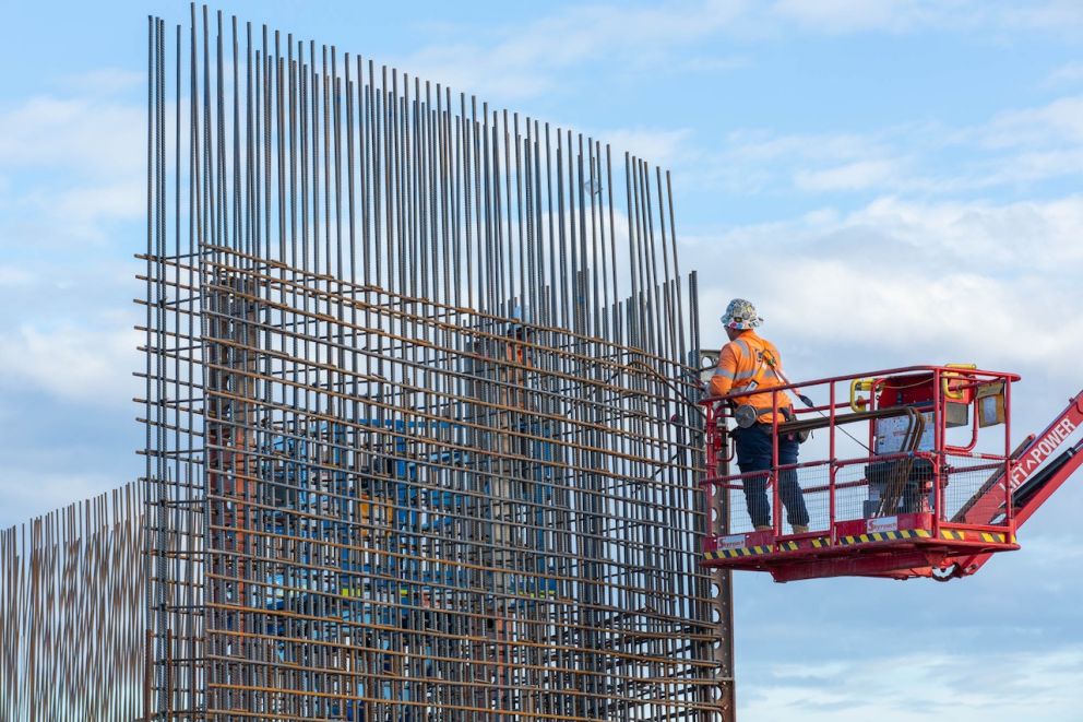 Tying steel together to form the structural reinforcement of the south abutment