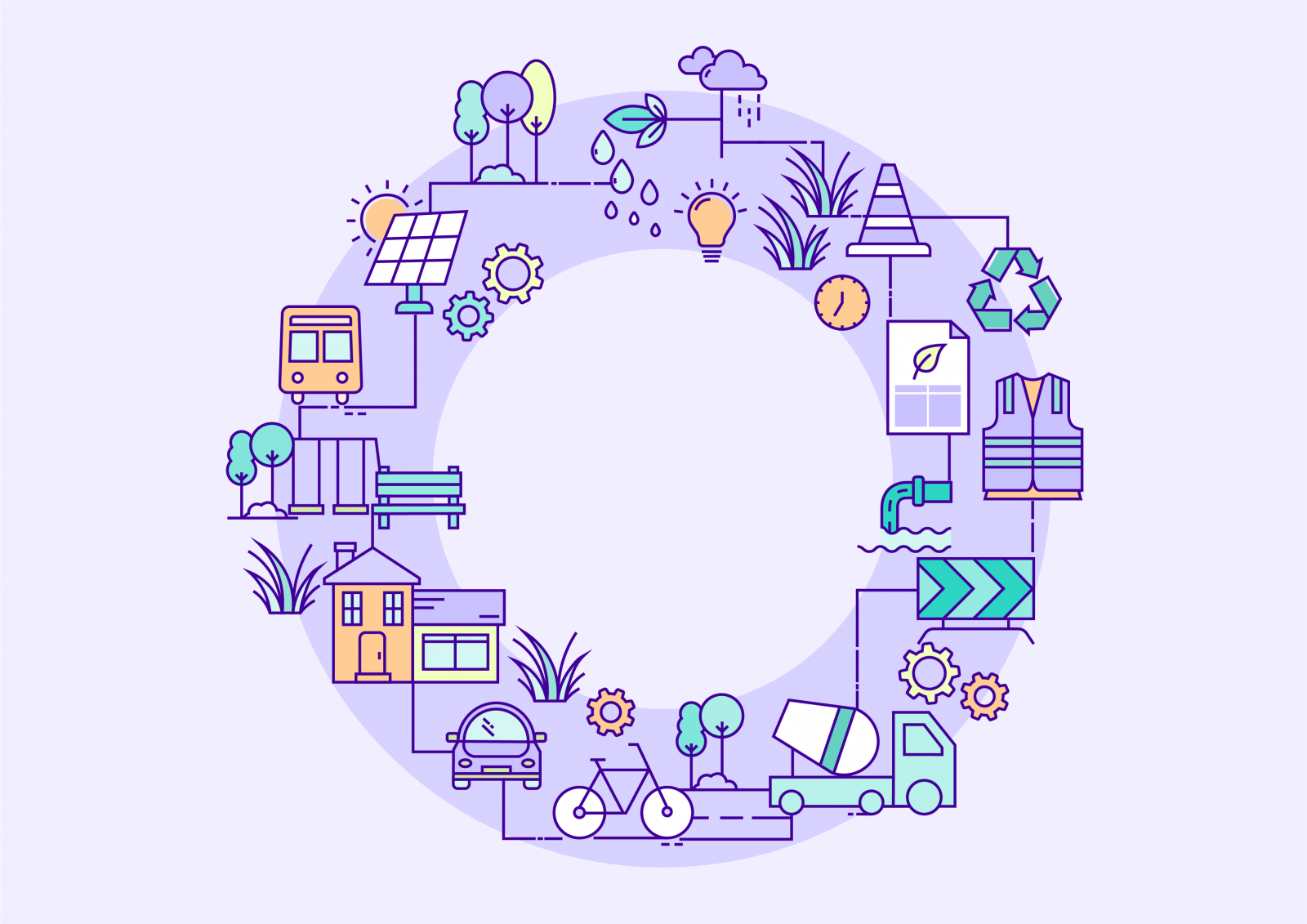 This is a text version of a complex image. The graphic shows a variety of icons that are associated with North East Link's sustainability report. The icons are arranged in a circular shape. Key highlights are:  • Construction icons: a safety witch’s hat, vest, tools, cement truck, safety barrier, mechanical cogs  • Environment icons: a recycling symbol, solar panels, trees, grasses, water droplets, a lightbulb and a document with a leaf on it  • Transport and community: a train, car, bicycle, house and a playground   