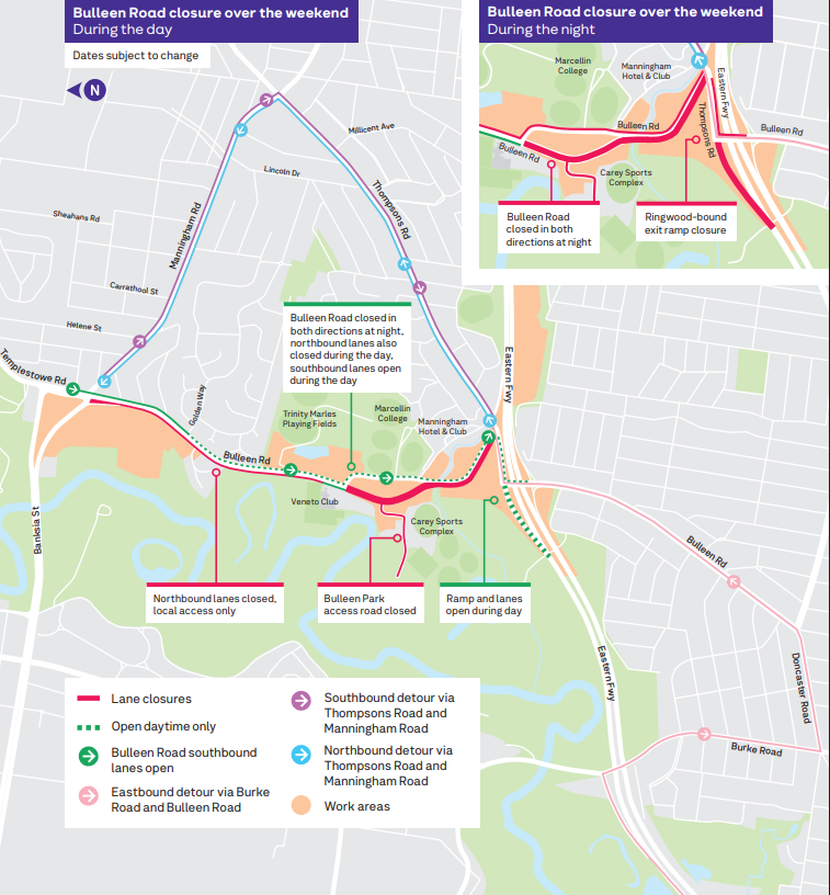 Bulleen Road map weekend closures