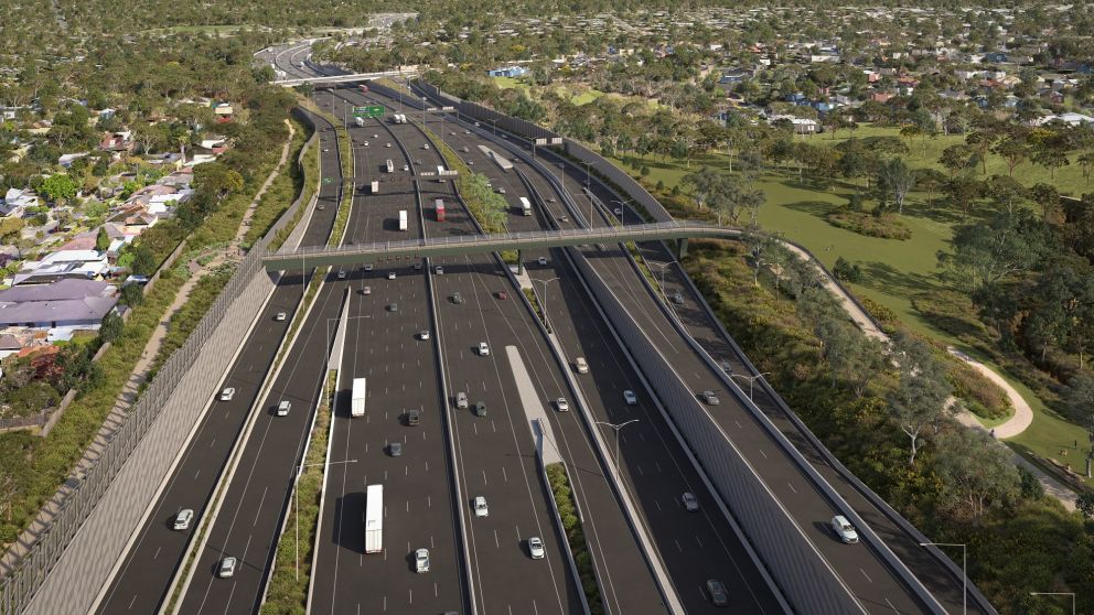 Artist's impression of new freeway lanes and Eram Park improvements, Box Hill North