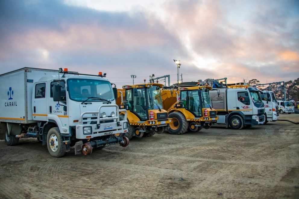 Trucks and machinery lined up at Webster Stree