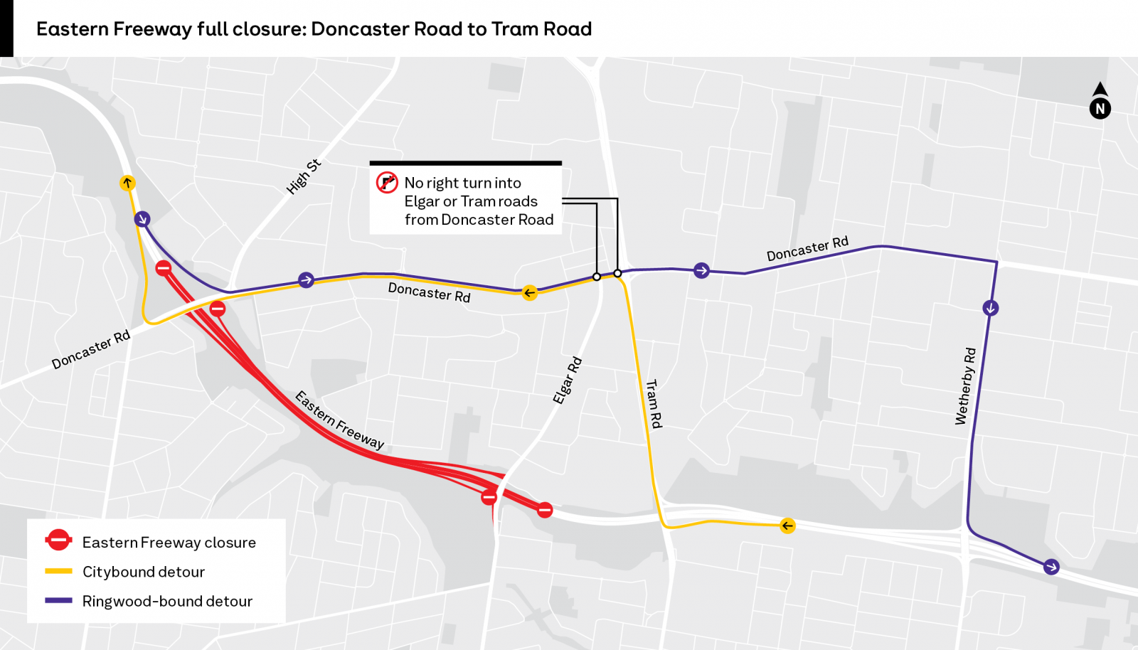 Eastern Freeway full closure -  Doncaster Road to Tram Road map
